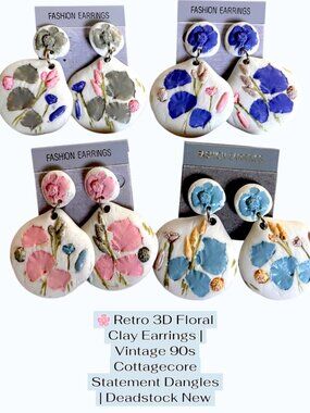 🌸 VINTAGE 80s Deadstock 3D Floral Polymer Clay‎ Statement Earrings